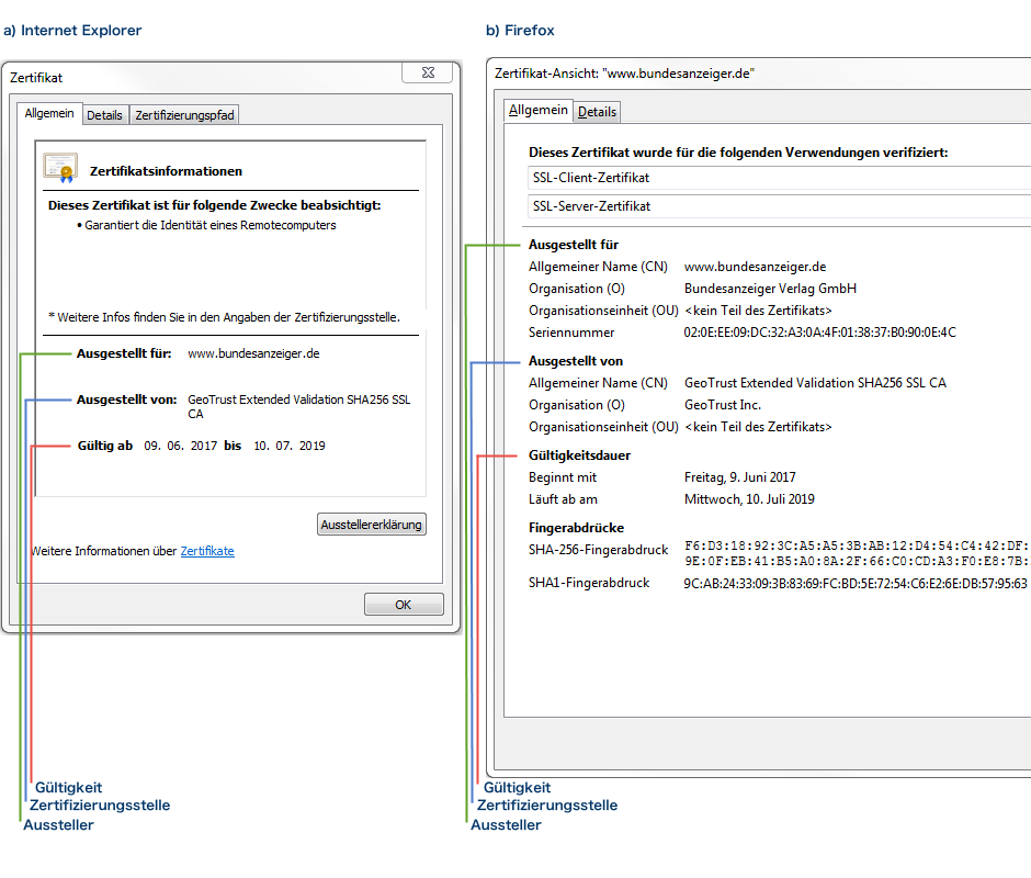 Schaugrafik, um dem Benutzer zu zeigen welche Zertifikatsinformationen korrekt sein müssen