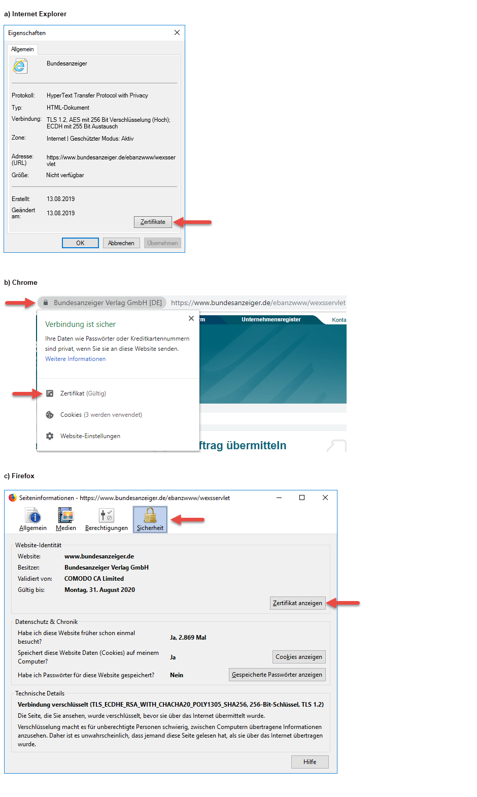 Schaugrafik, um dem Benutzer zu zeigen, wo er die Informationen zum verwendeten Zertifikat findet