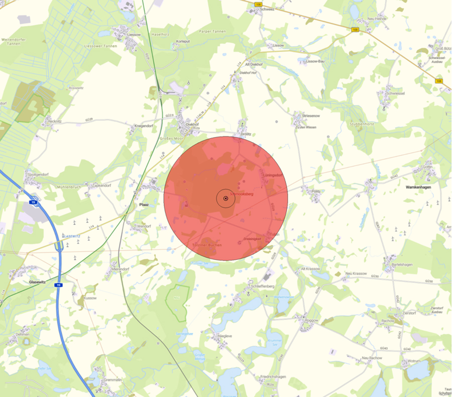 Kartendarstellung der Lage der Flugsicherungseinrichtung und des Anlagenschutzbereichs