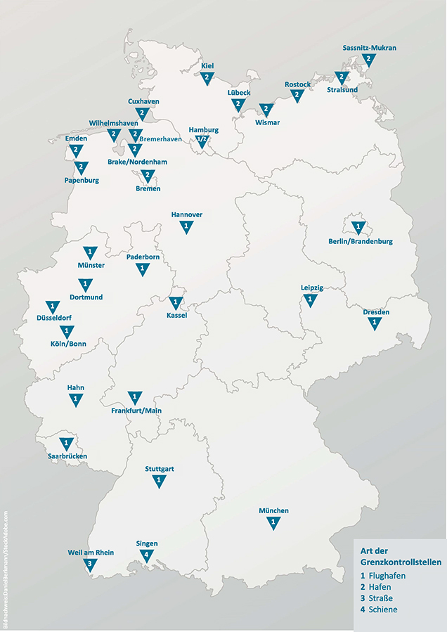 Karte der Bundesrepublik Deutschland mit den Grenzkontrollstellen für Pflanzen und Pflanzenerzeugnisse