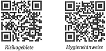 QR-Codes mit den Links zur Liste der Risikogebiete und zu den Hygienehinweisen der Bundeszentrale für gesundheitliche Aufklärung