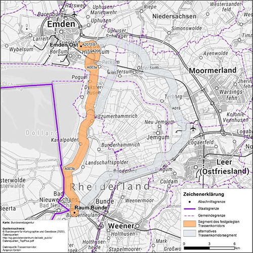 Darstellung des festgelegten Trassenkorridors für das Vorhaben 1 BBPlG, Abschnitt A