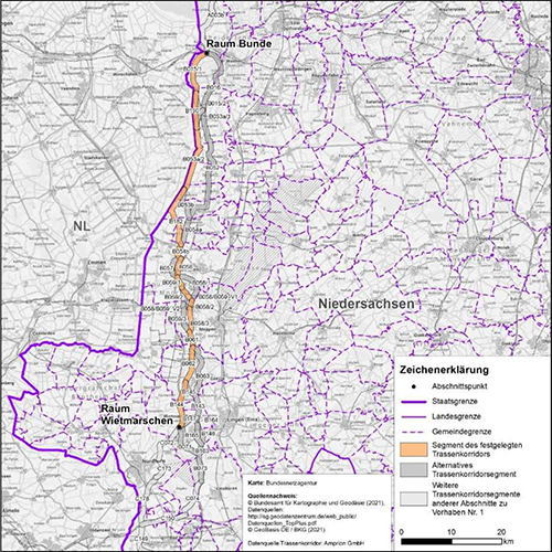 Darstellung des festgelegten Trassenkorridors für das Vorhaben 1 BBPlG, Abschnitt B