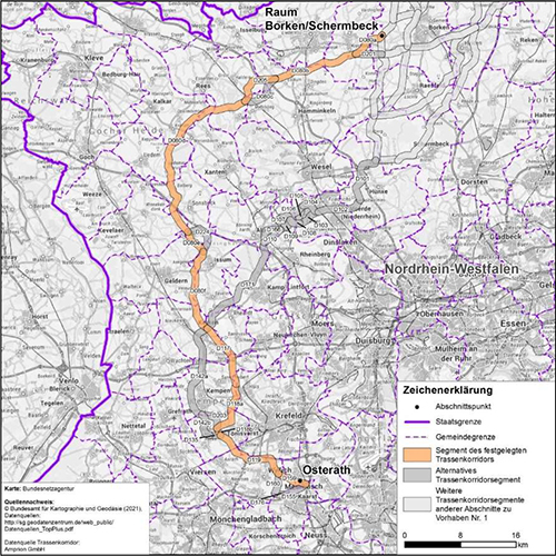 Darstellung des festgelegten Trassenkorridors für das Vorhaben 1 BBPlG, Abschnitt D