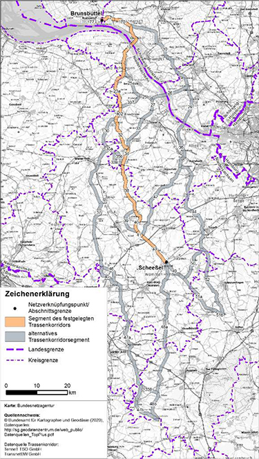 Darstellung des festgelegten Trassenkorridors für das Vorhaben 3 BBPlG, Abschnitt A