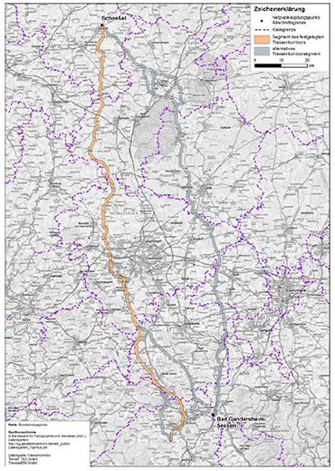 Darstellung des festgelegten Trassenkorridors für das Vorhaben 3 BBPlG, Abschnitt B