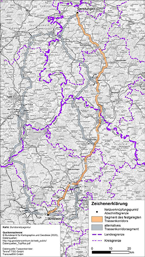 Darstellung des festgelegten Trassenkorridors für das Vorhaben 3 BBPlG, Abschnitt D