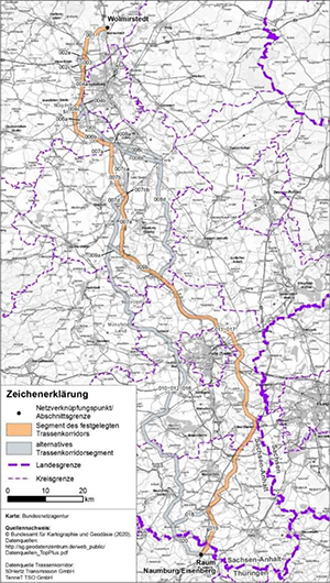 Darstellung des festgelegten Trassenkorridors für das Vorhaben 5 BBPlG, Abschnitt A