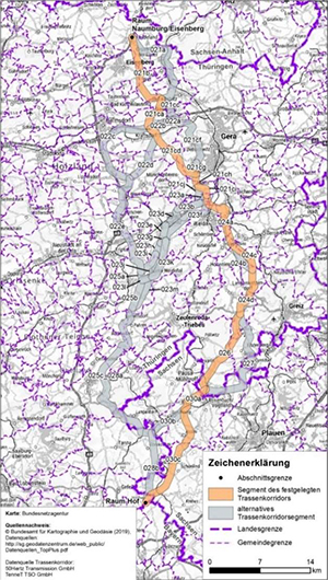 Darstellung des festgelegten Trassenkorridors für das Vorhaben 5 BBPlG, Abschnitt B