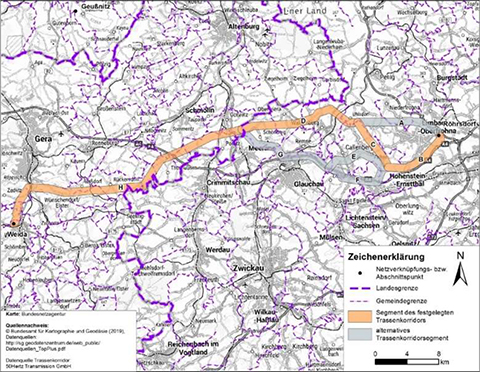 Darstellung des festgelegten Trassenkorridors für das Vorhaben 14 BBPlG, Abschnitt Ost