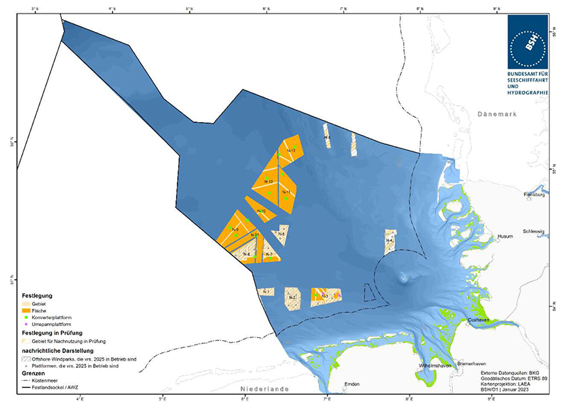 Darstellung der im FEP 2023 festgelegten Standorte für Konverterplattformen