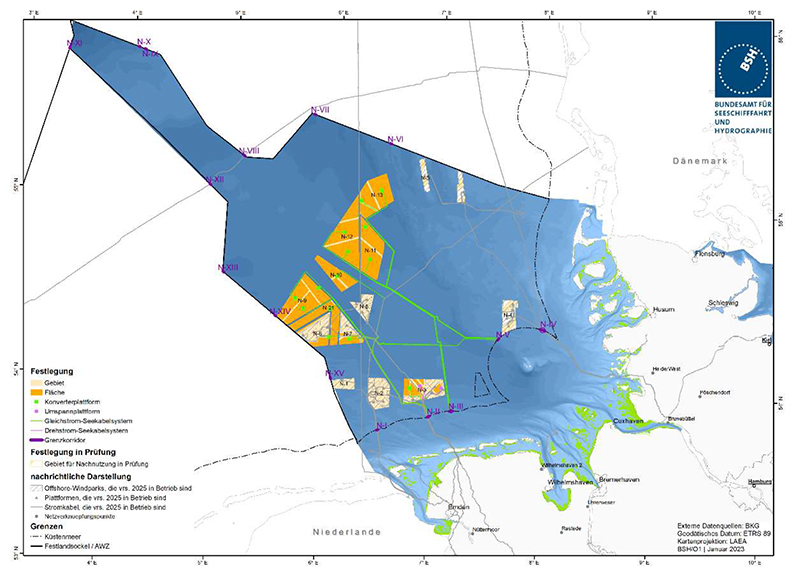 Darstellung der im FEP 2023 festgelegten Korridore für Gleichstrom-Seekabelsysteme