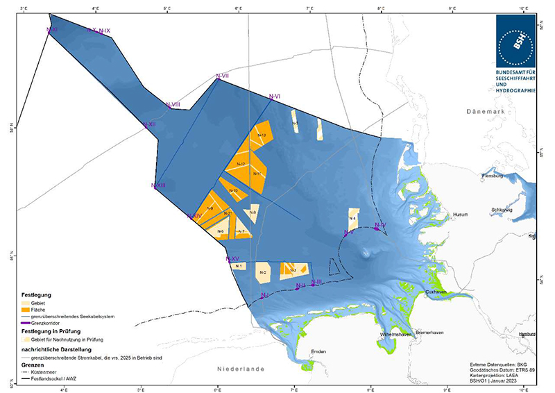 Darstellung der genehmigten und geplanten grenzüberschreitenden Seekabelsysteme aus dem FEP 2023