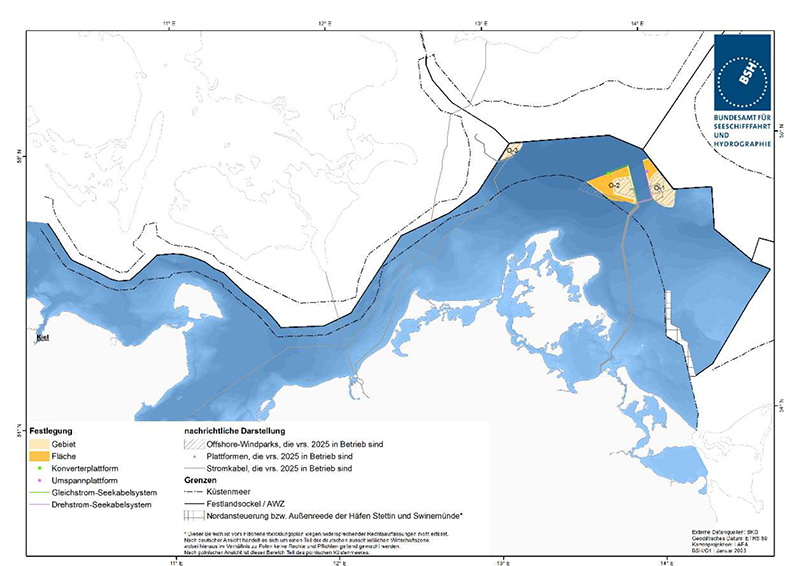 Darstellung der im FEP 2023 festgelegten Trassenkorridore für Gleichstrom- und Drehstrom-Seekabelsysteme