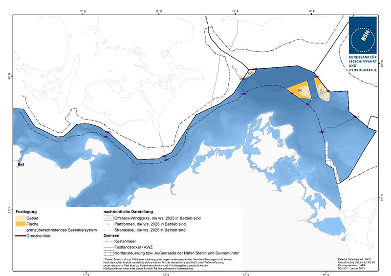 Darstellung der genehmigten und geplanten grenzüberschreitenden Seekabelsysteme aus dem FEP 2023