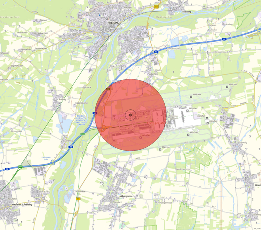 Kartendarstellung der Lage der Flugsicherungseinrichtung und des Anlagenschutzbereichs