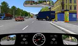 Sie fahren innerorts mit 25 km/h auf dem rechten von drei Fahrstreifen für Ihre Richtung. Vor Ihnen blockiert ein Lkw Ihren Fahrstreifen.