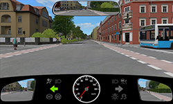 Sie fahren innerorts mit etwa 7 km/h auf eine Kreuzung zu und sind im Begriff, nach links abzubiegen. Auf der linken Seite überquert eine Fußgängerin in Ihrer Fahrtrichtung die Straße, ein Radfahrer nähert sich aus entgegengesetzter Richtung der Kreuzung. In der von rechts kommenden Straße steht ein Bus an der Kreuzung.