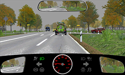 Sie fahren außerorts auf einer Vorfahrtstraße mit 45 km/h. Sie befinden sich kurz vor einer Kreuzung. Vor Ihnen fährt ein Traktor. Zudem nähern sich weitere Fahrzeuge der Kreuzung von rechts und geradeaus.