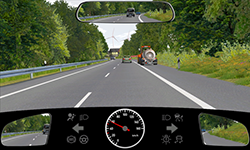 Sie befahren eine Straße außerorts mit etwa 55 km/h. Auf dem rechten Seitenstreifen befindet sich etwas vor Ihnen ein Traktor, der links blinkt.