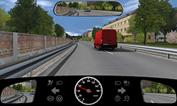 Sie fahren innerorts mit 55 km/h und befahren den linken von zwei Fahrstreifen für Ihre Richtung. Auf dem rechten Fahrstreifen fährt ein rotes Fahrzeug, das die Fahrstreifenbegrenzung nach links überfährt.