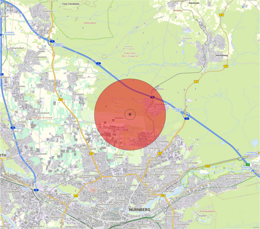 Kartendarstellung der Lage der Flugsicherungseinrichtung und des Anlagenschutzbereichs