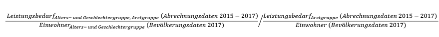 Leistungsbedarf der Alters- und Geschlechtergruppe je Arztgruppe gemäß den §§ 11 bis 14 dieser Richtlinie auf Basis der zwölf letzten verfügbaren Abrechnungsquartale (2015 bis 2017), welcher durch die Einwohnerzahl der Alters- und Geschlechtergruppe 2017 geteilt wird dividiert durch den Leistungsbedarf je Arztgruppe gemäß den §§ 11 bis 14 dieser Richtlinie auf Basis der zwölf letzten verfügbaren Abrechnungsquartale (2015 bis 2017), welcher durch die Einwohnerzahl 2017 geteilt wird.