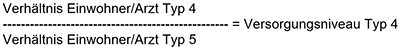 Das Einwohner-/Arzt-Verhältnis des Typ 4 geteilt durch das Einwohner-/Arzt-Verhältnis des Typ 5 ergibt das Versorgungsniveau des Typ 4.