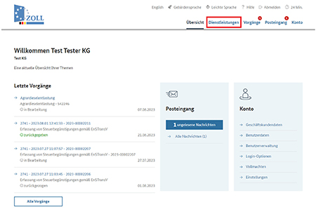 Abbildung 2: Auswahl Dienstleistungen im Zoll-Portal