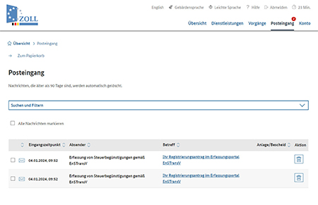 Abbildung 16: Zoll-Portal Posteingang