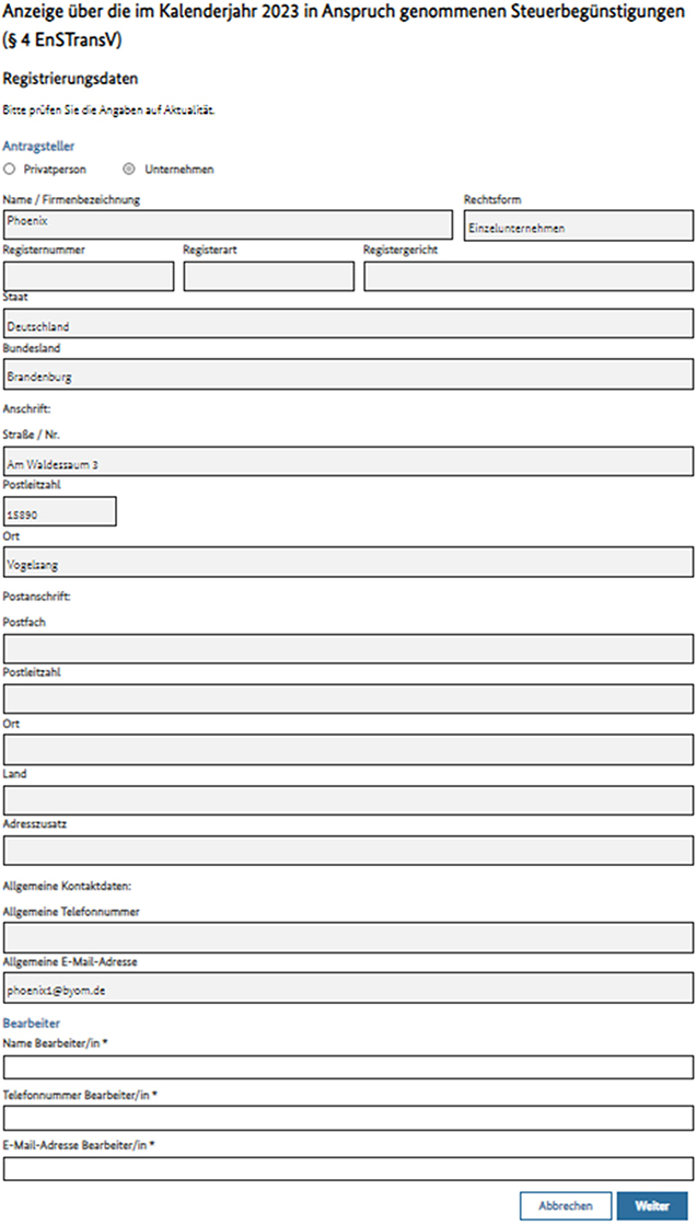 Abbildung 19: Anzeige – Registrierungsdaten