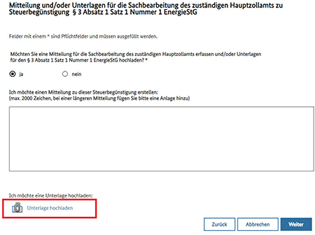 Abbildung 29: Expandierte Seite für die Eingabe von Mitteilungen und/oder Unterlagen