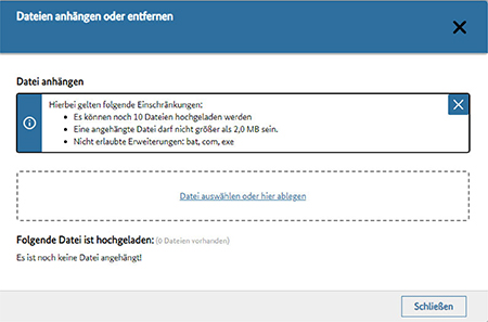 Abbildung 30: Upload-Dialog und Begrenzungen beim Upload