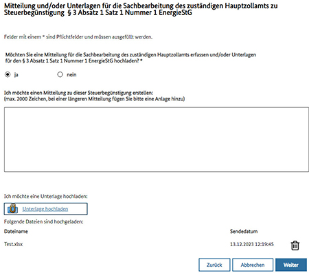Abbildung 32: Seite für die Eingabe von Mitteilungen und/oder Unterlagen