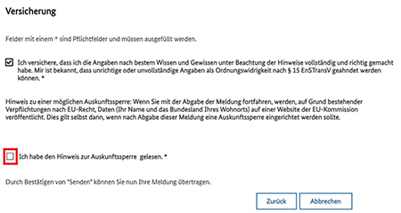 Abbildung 34: Formular-Seite „Versicherung“ mit Hinweis Auskunftssperre