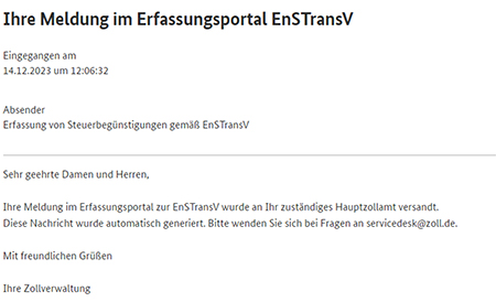 Abbildung 38: Inhalt der Mitteilung im Posteingang nach Meldungsabgabe