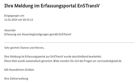 Abbildung 39: Inhalt der Mitteilung im Posteingang nach abschließender Bearbeitung der Meldung