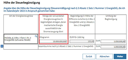 Abbildung 47: Beispiel – Korrektur Menge des verwendeten Energieerzeugnisses