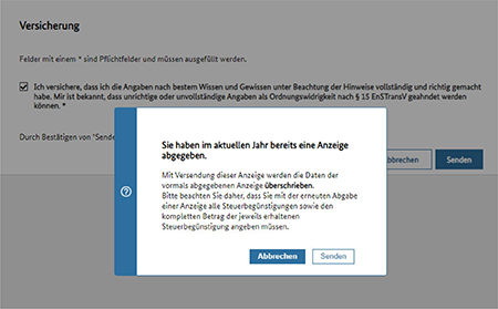 Abbildung 50: Hinweis bei erneuter Abgabe einer Anzeige/Erklärung