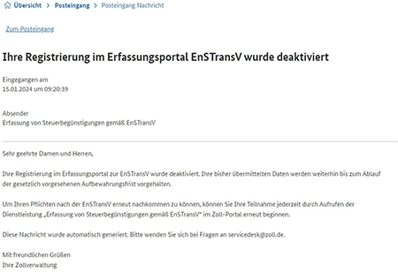 Abbildung 56: Nachricht im Posteingang Zoll-Portal nach Deaktivierung des Benutzerkontos im Erfassungsportal EnSTransV