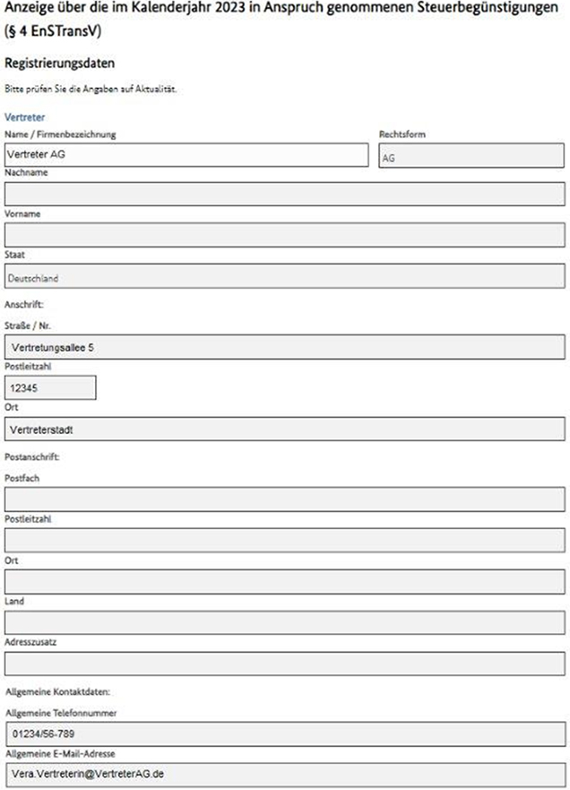 Abbildung 70: Meldungen – Registrierungsdaten für den Vertretenen; Teil 1: Vertreter