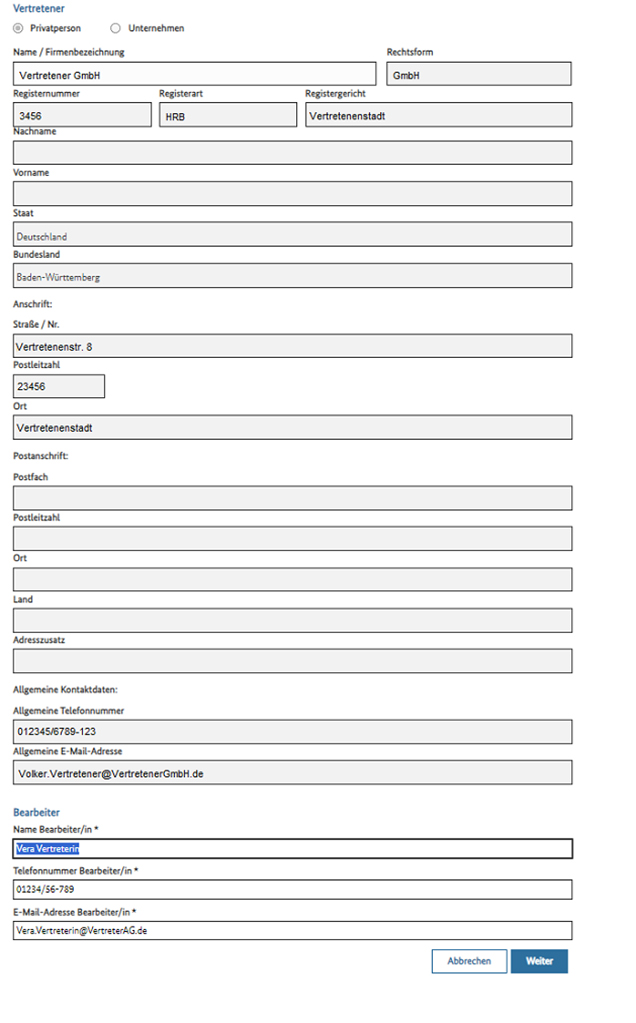 Abbildung 80: Meldungen – Registrierungsdaten für den Vertretenen; Teil 2: Vertretener