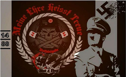 Totenkopf mit einem am Typ M35, M40 bzw. M42 angelehnten Stahlhelm mit den Initialen WB in gebrochener Schrift und dem Sonnenrad. In Kombination mit einem Banner mit dem Schriftzug „Wolfsbrigade“ in gebrochener Schrift, zwei Triskelen sowie mit zwei Stielhandgranaten mit der Zahl 44 und einem Ring aus Stacheldraht. Umfassung mit einem weißen unterbrochenen Kreis sowie einer Umrahmung mit dem roten Schriftzug in gebrochener Schrift „Meine Ehre heisst Treue“, einem weißen Siegerkranz sowie Abbildungen einer roten Hakenkreuzflagge und SS-Runen auf einem Wappenschild mit weißem Banner und schwarzer Aufschrift in gebrochener Schrift „Blut und Ehre“ vor einem schwarzen Hintergrund. Auf der rechten Seite befindet sich eine Abbildung von Adolf Hitler mit Hakenkreuz, auf der linken Seite die Zahlenkombination 14/88