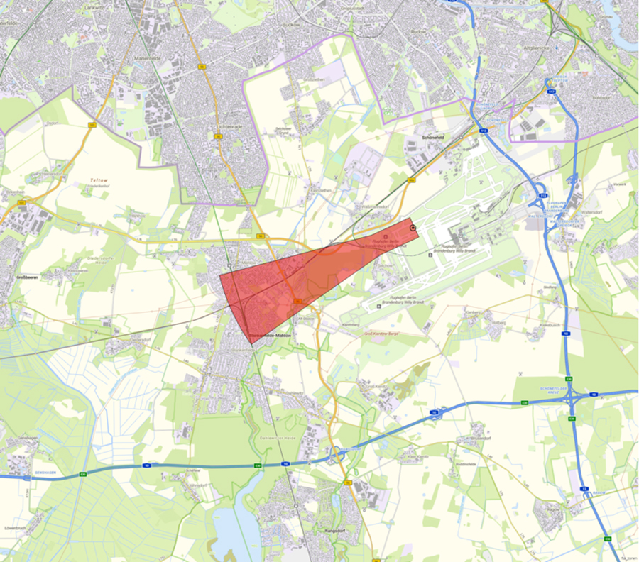 Kartendarstellung der Lage der Flugsicherungseinrichtung und des Anlagenschutzbereichs