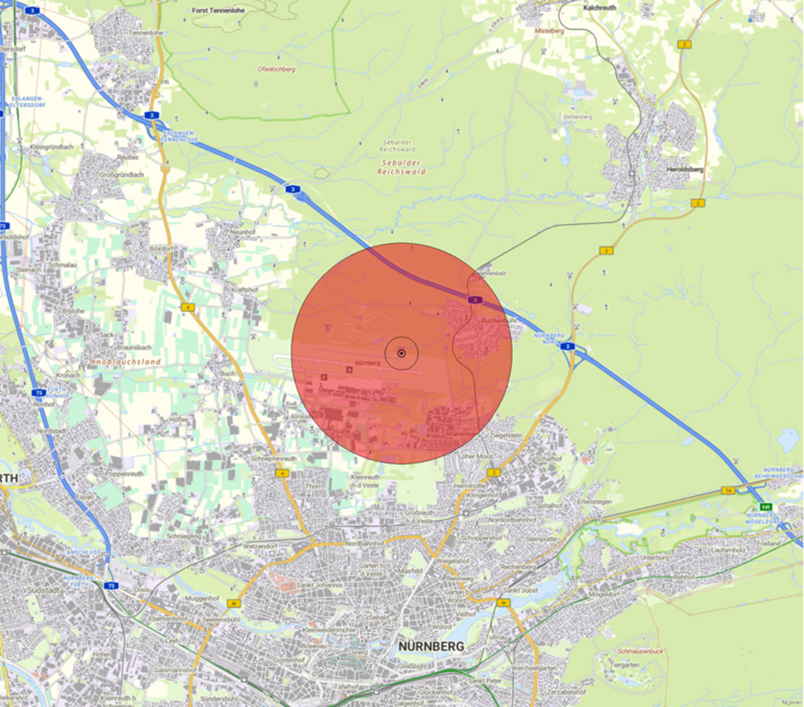 Kartendarstellung der Lage der Flugsicherungseinrichtung und des Anlagenschutzbereichs