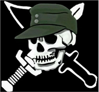 Totenschädel mit olivgrüner Feldmütze vor zwei gekreuzten Schwertern