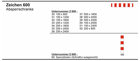 Bildliche Darstellung des Zeichens 600 Absperrschranke. Die Schranken sind rot-weiß gestreift (senkrechte Schraffur). In den Unternummern werden die Maße der jeweiligen Ausführungen angegeben. Die Unternummer 60 enthält die bildliche Darstellung des rot-weiß gestreiften Sperrpfostens (Schraffur waagerecht).