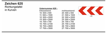 Bildliche Darstellung des Verkehrszeichens 625 Richtungstafel in Kurven. Das weiße Verkehrszeichen enthält in den aufgeführten Unternummern rote links- bzw. rechtsweisende Pfeile.