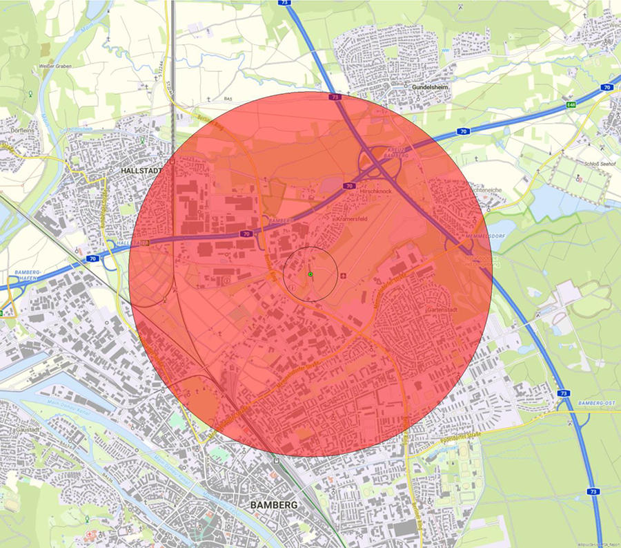 Kartendarstellung der Lage der Flugsicherungseinrichtung und des Anlagenschutzbereichs