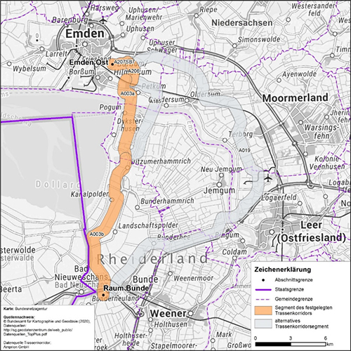 Abbildung 1: Darstellung des festgelegten Trassenkorridors für das Vorhaben 1 BBPlG, Abschnitt A